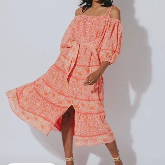 Cleobella The Violet MIDI Dress Orange Blossom Organic Cotton Pockets Size L - Picture 1 of 15